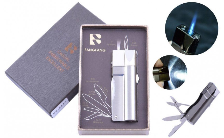 Зажигалка подарочная Fang Fang (Острое пламя, нож, фонарик) №4443 Silver