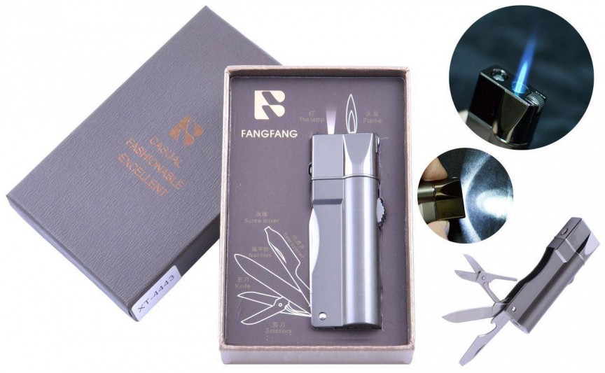 Зажигалка подарочная Fang Fang (Острое пламя, нож, фонарик) №4443 Black