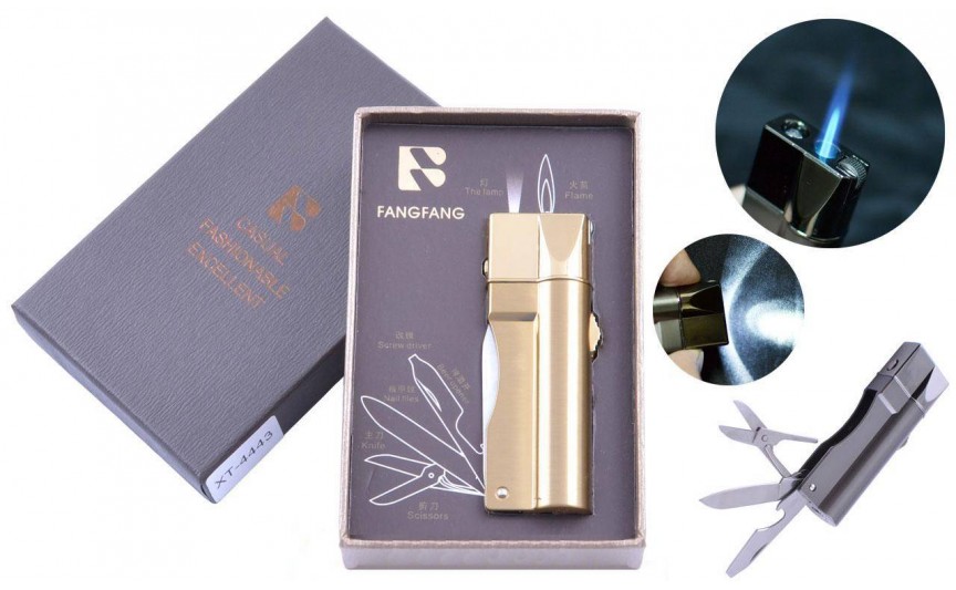 Зажигалка подарочная Fang Fang (Острое пламя, нож, фонарик) №4443 Gold