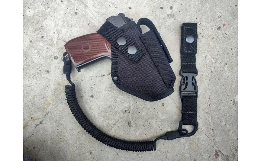 Кобура поясная с подсумком под магазин для пистолета макарова ПМ черная+шнур страховочный (тренчик) быстрый съём 990
